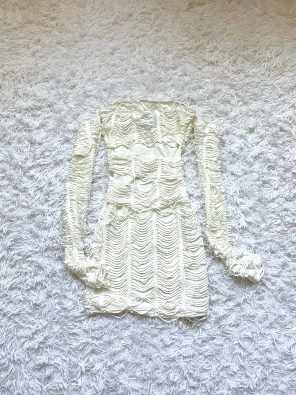 EGO Cream Ruched Long Sleeve Mini Dress